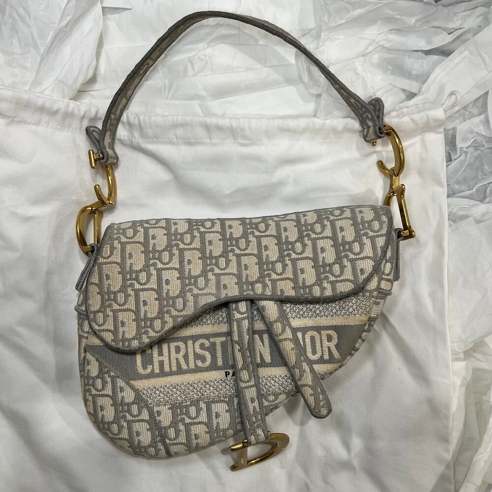 Christian Dior Gray Oblique Embroidered Saddle Bag Medium